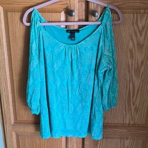 INC International Concepts Printed Cold-Shoulder Top, Green/Silver Large lined